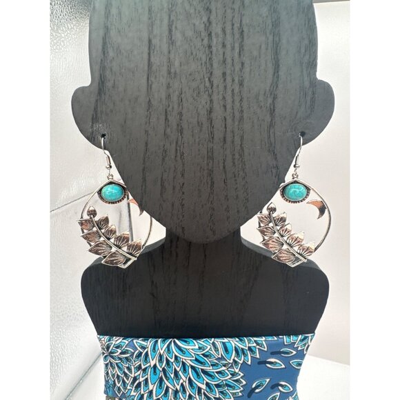 2/$24 Boho Vintage Silver Leaf & Moon Drop Earrings With Turquoise Stone Accents - Picture 5 of 9